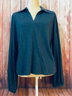Women’s Large Blouse UpWest Grey Long Sleeves Collared V Neck 100% Cotton Soft